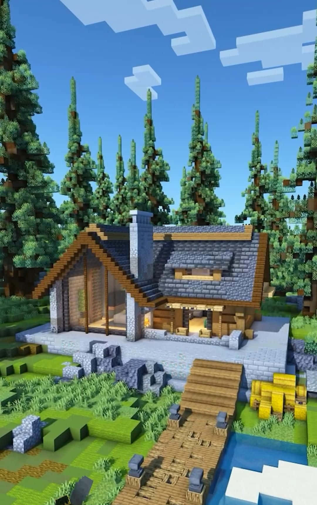 Minecraft Architecture, pixelated cabin, forest, HD Phone Wallpaper
