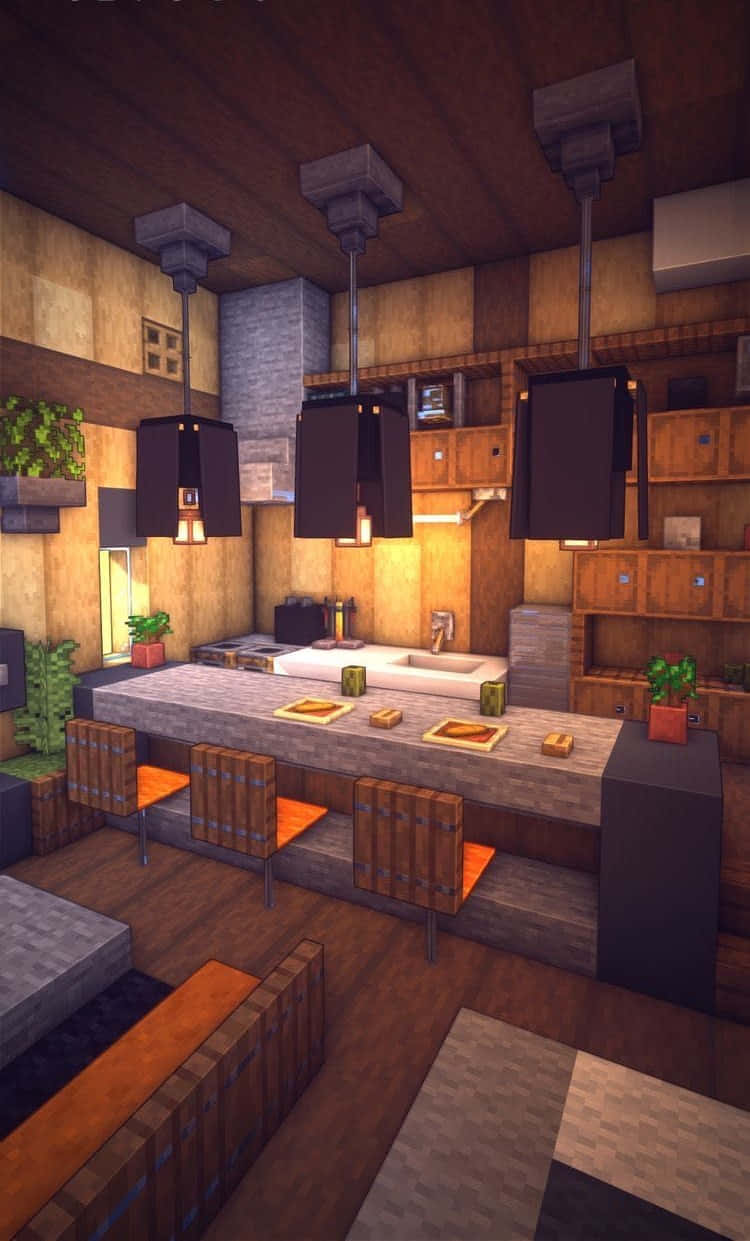 Minecraft Architecture, rustic kitchen, wooden walls, SD Phone Wallpaper
