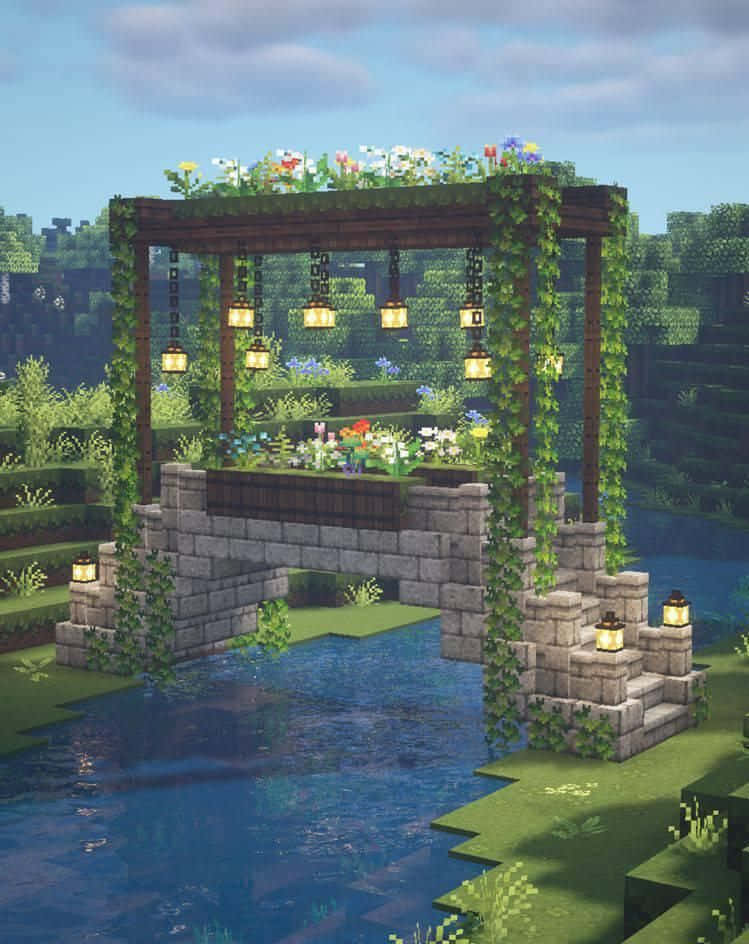 Minecraft Architecture, pixelated stone bridge, calm river, SD Phone Wallpaper
