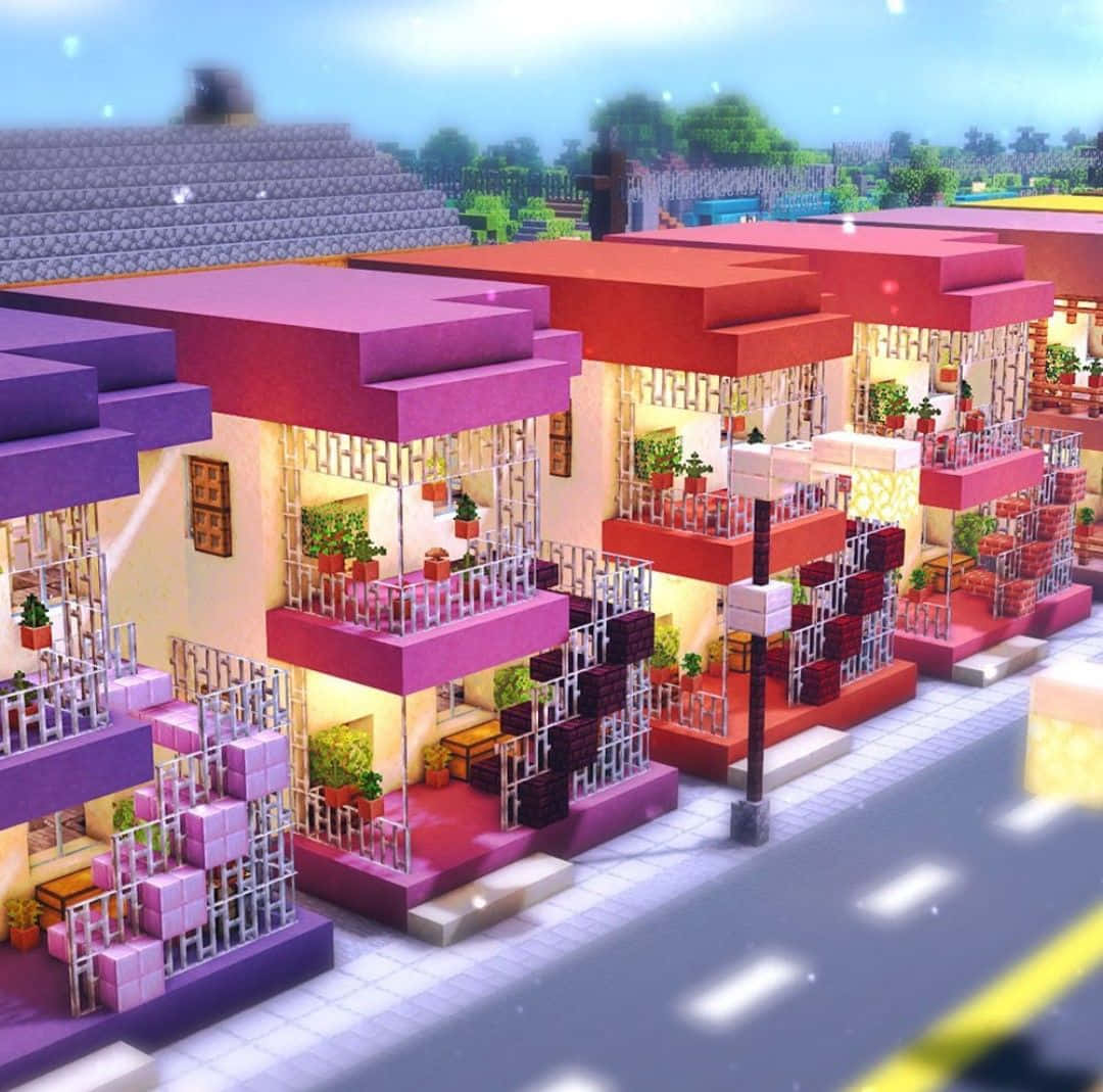 Minecraft Architecture, pixelated townhouses, purple and red roofs, SD Desktop Wallpaper
