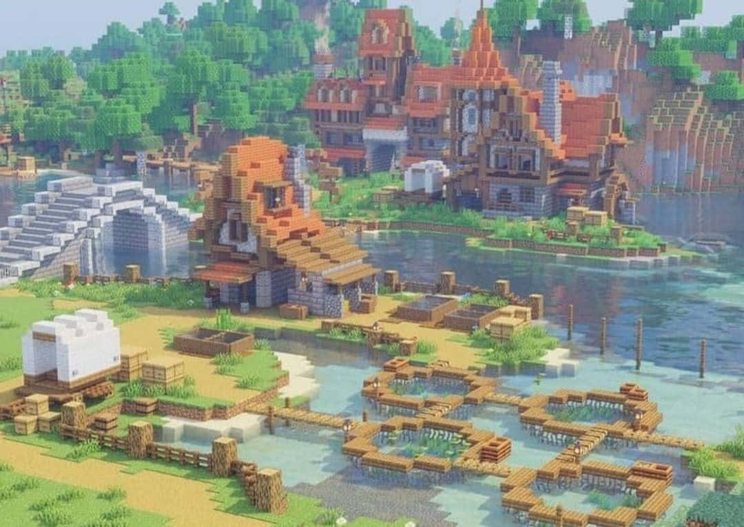 Minecraft, Medieval Cityscape, wooden houses, SD Desktop Wallpaper