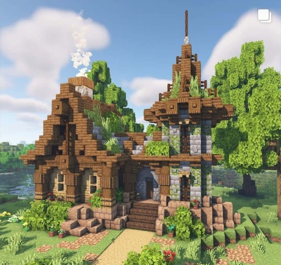 Minecraft Architecture, pixelated wooden house, stone accents, SD Desktop Wallpaper