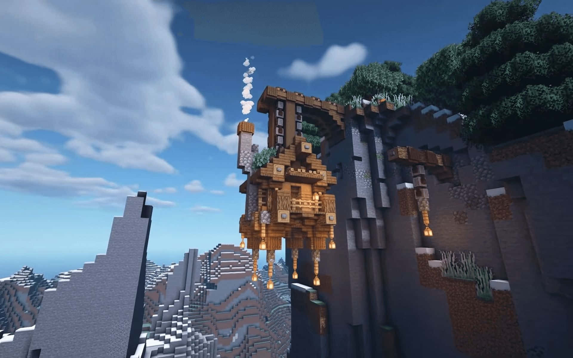 Minecraft, wooden Minecraft treehouse, cliffside, Full HD Desktop Wallpaper