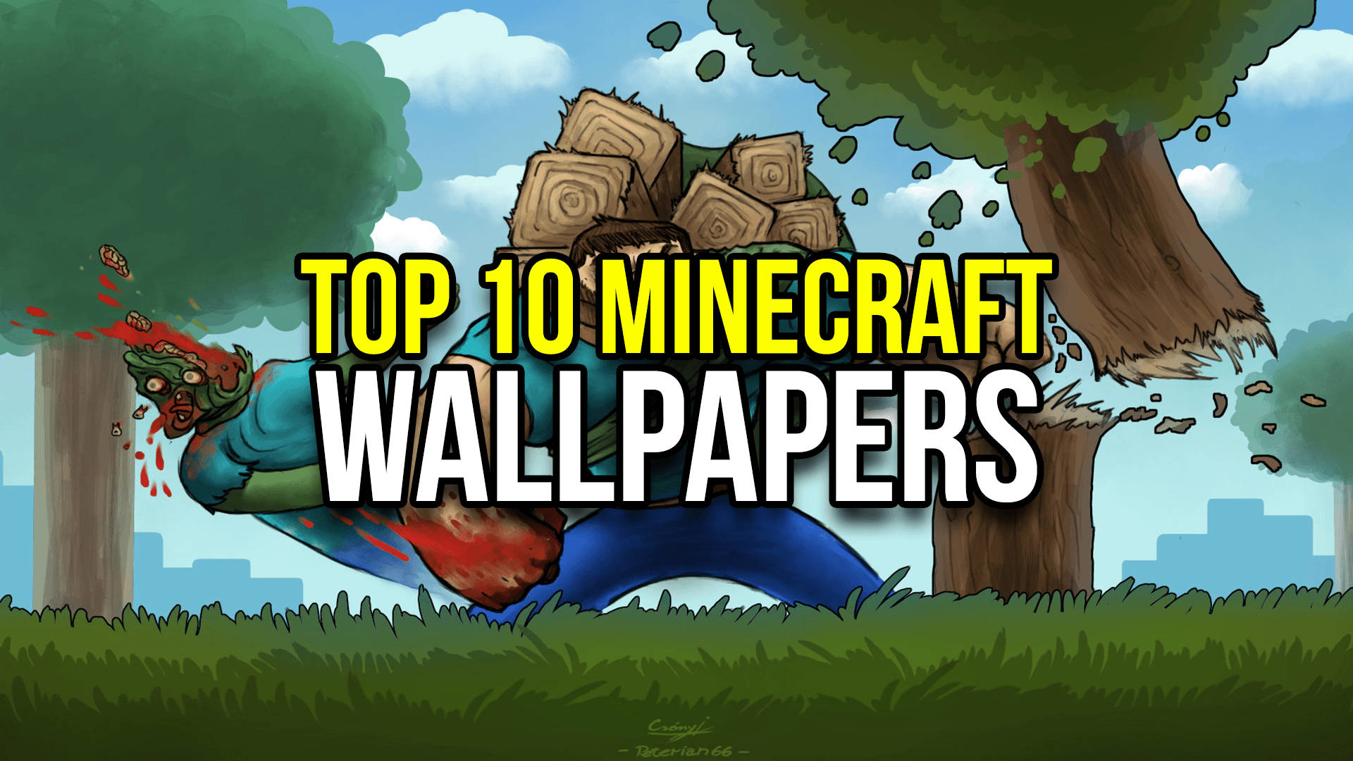 Minecraft, cartoon zombie, trees, Full HD Desktop Wallpaper