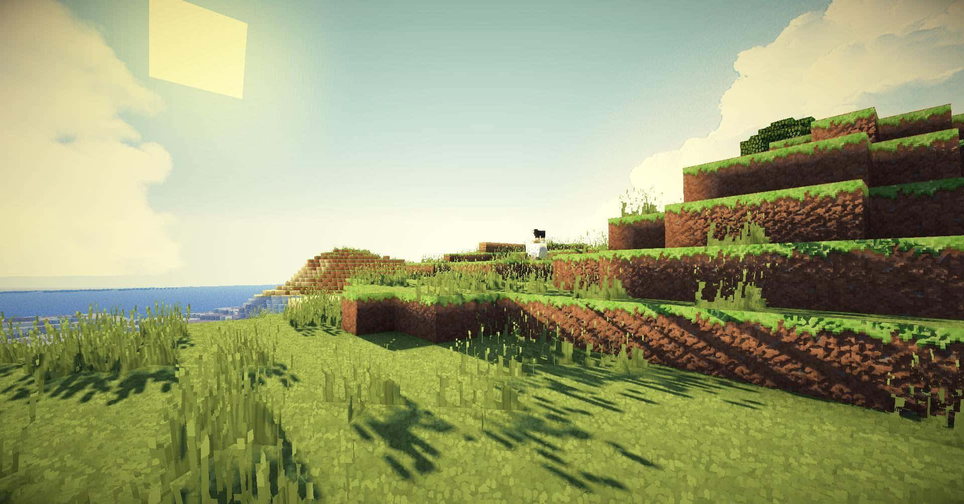 Minecraft, blocky grassy hills, distant ocean, Full HD Desktop Wallpaper