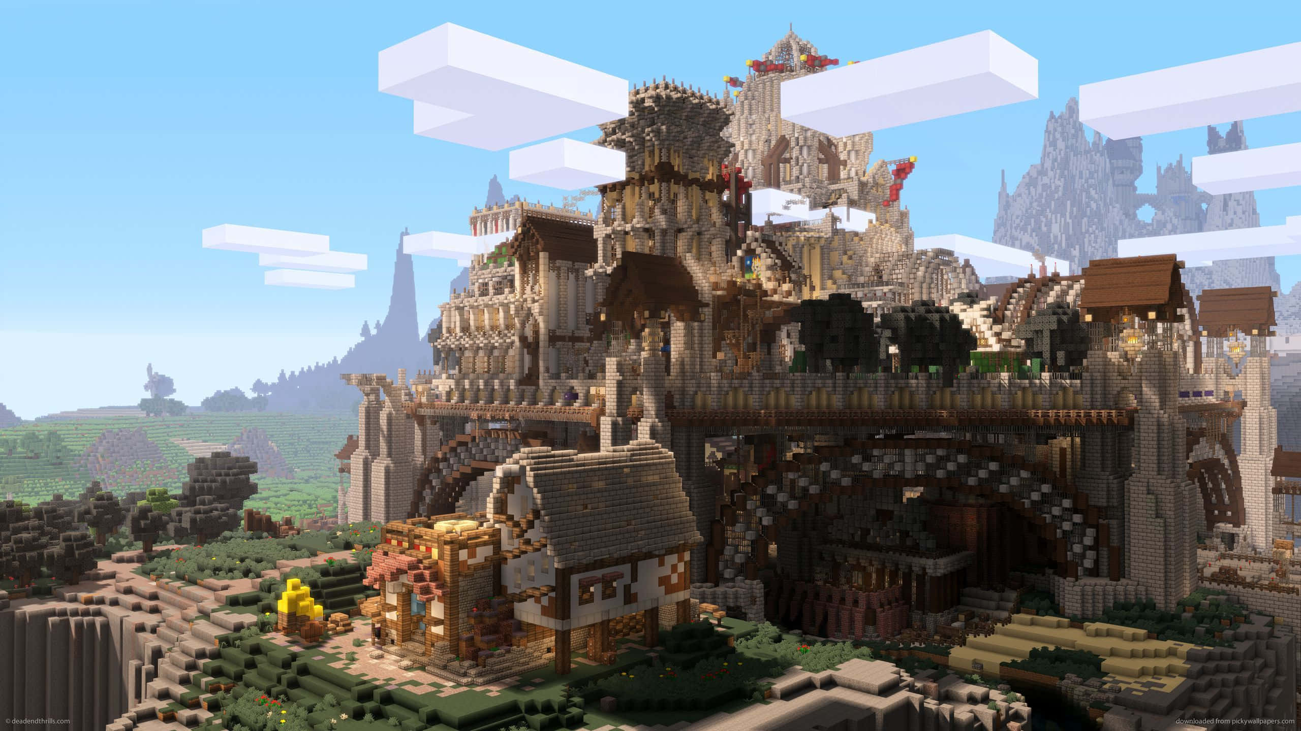 Minecraft, majestic mountain castle, pixelated castle, 2K Desktop Wallpaper