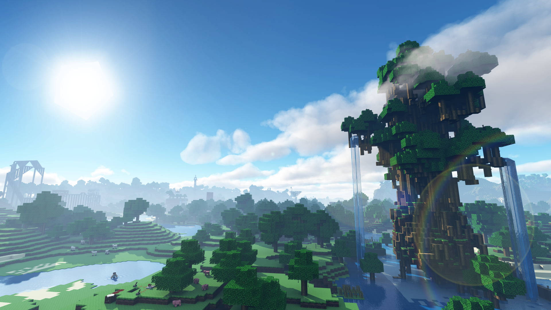 Minecraft, blocky Minecraft world, towering tree, Full HD Desktop Wallpaper