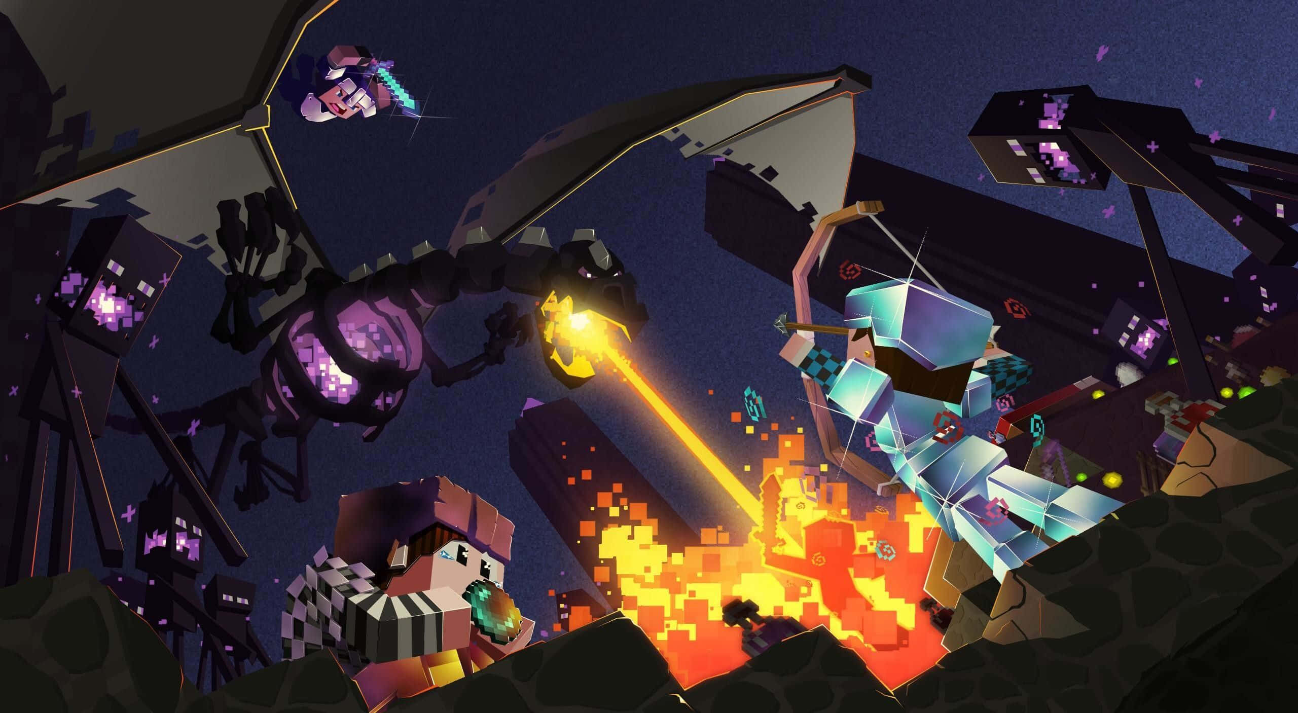 Minecraft, pixelated characters, giant mechanical monsters, 2K Desktop Wallpaper