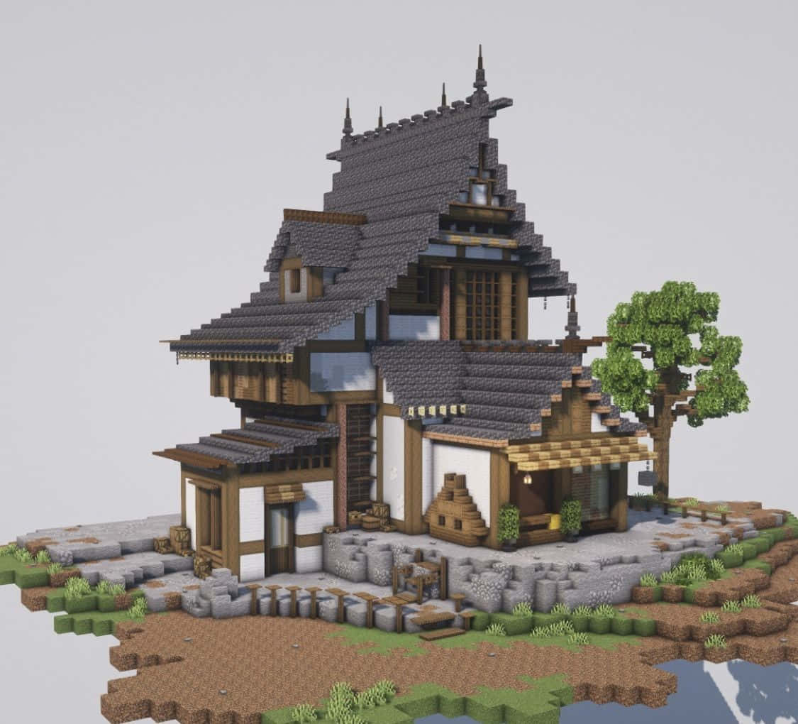 Minecraft Architecture, Japanese-style house, layered roofs, SD Desktop Wallpaper