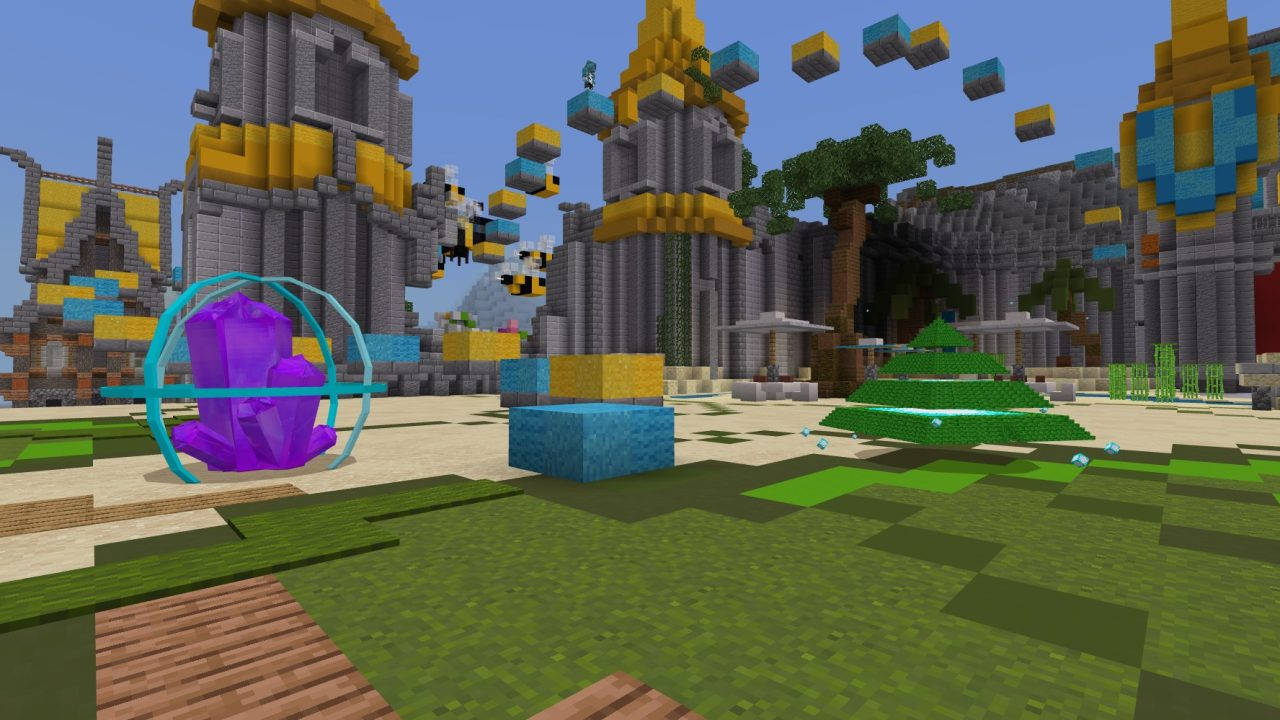 Minecraft, pixelated structures, glowing purple crystal, HD Desktop Wallpaper