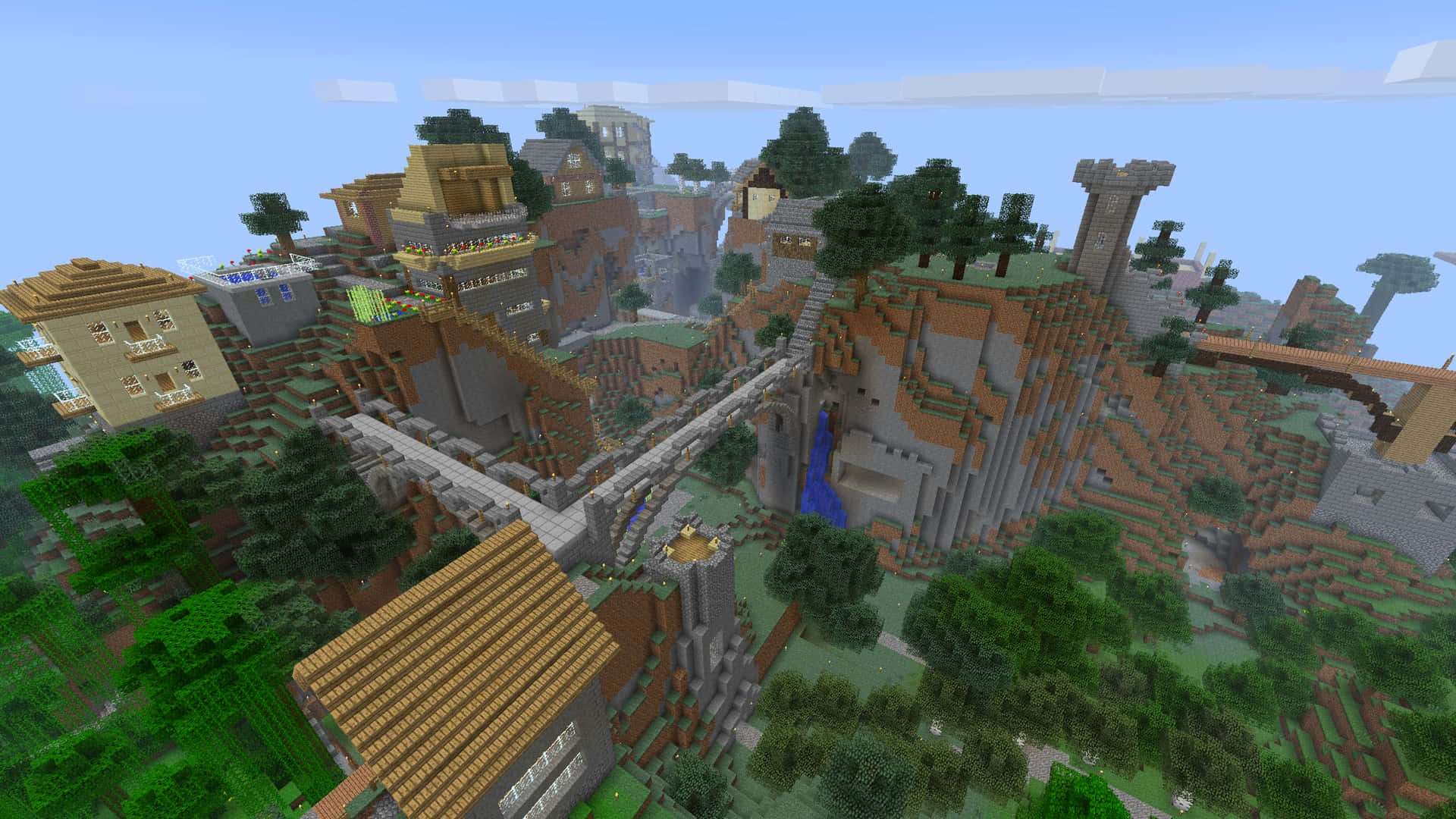 Minecraft, village, cliffside, Full HD Desktop Wallpaper