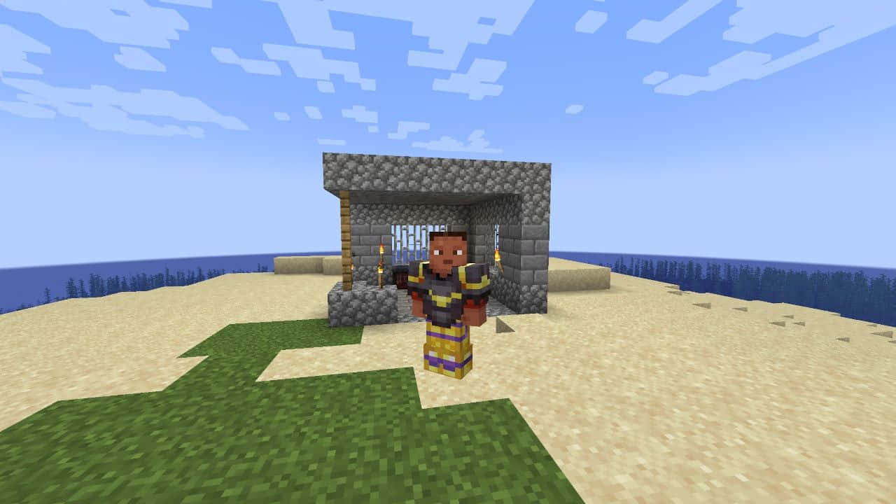 Minecraft Armor, stone archway, grassy beach, HD Desktop Wallpaper