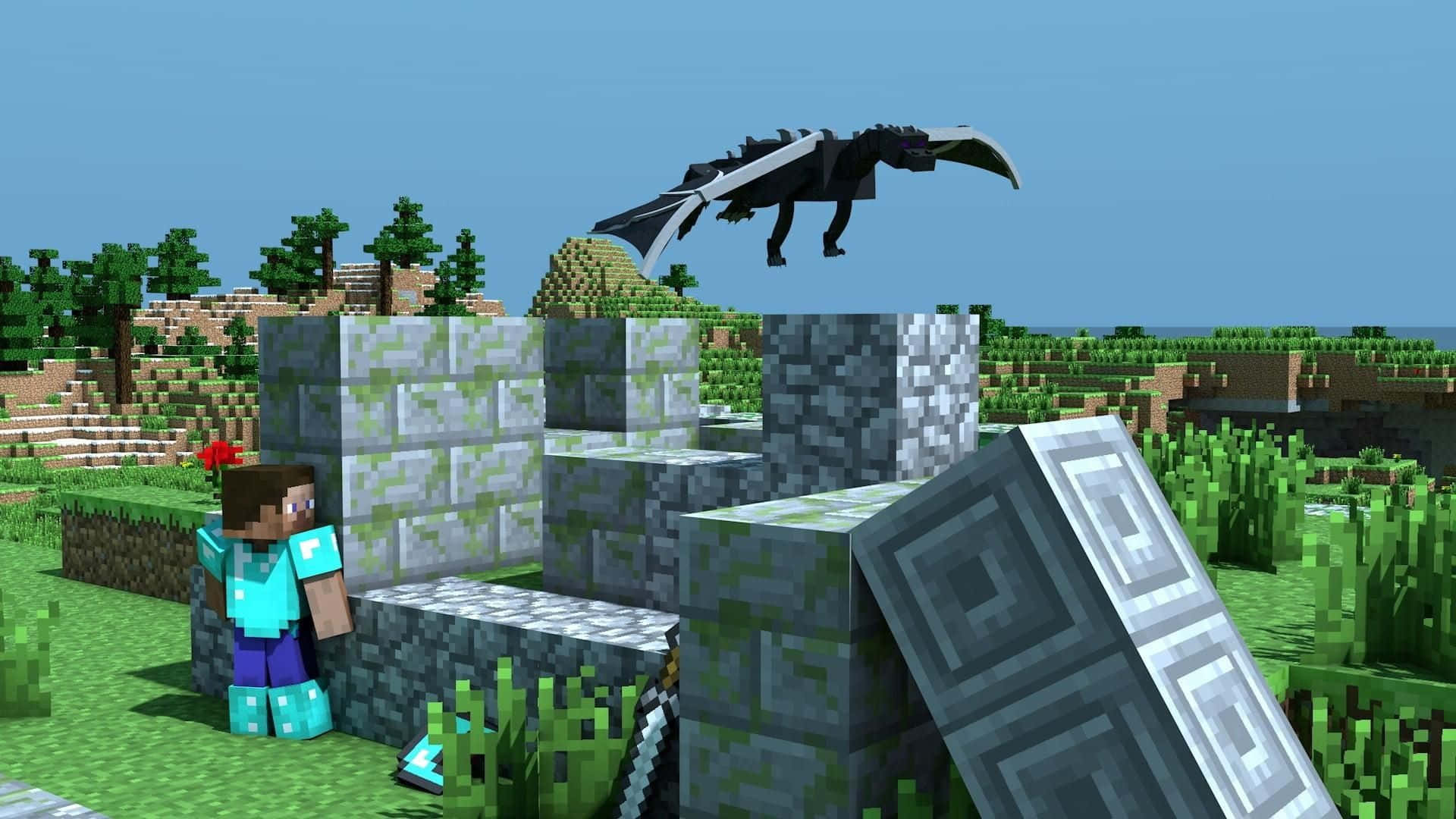 Minecraft Armor, black dragon, stone blocks, Full HD Desktop Wallpaper