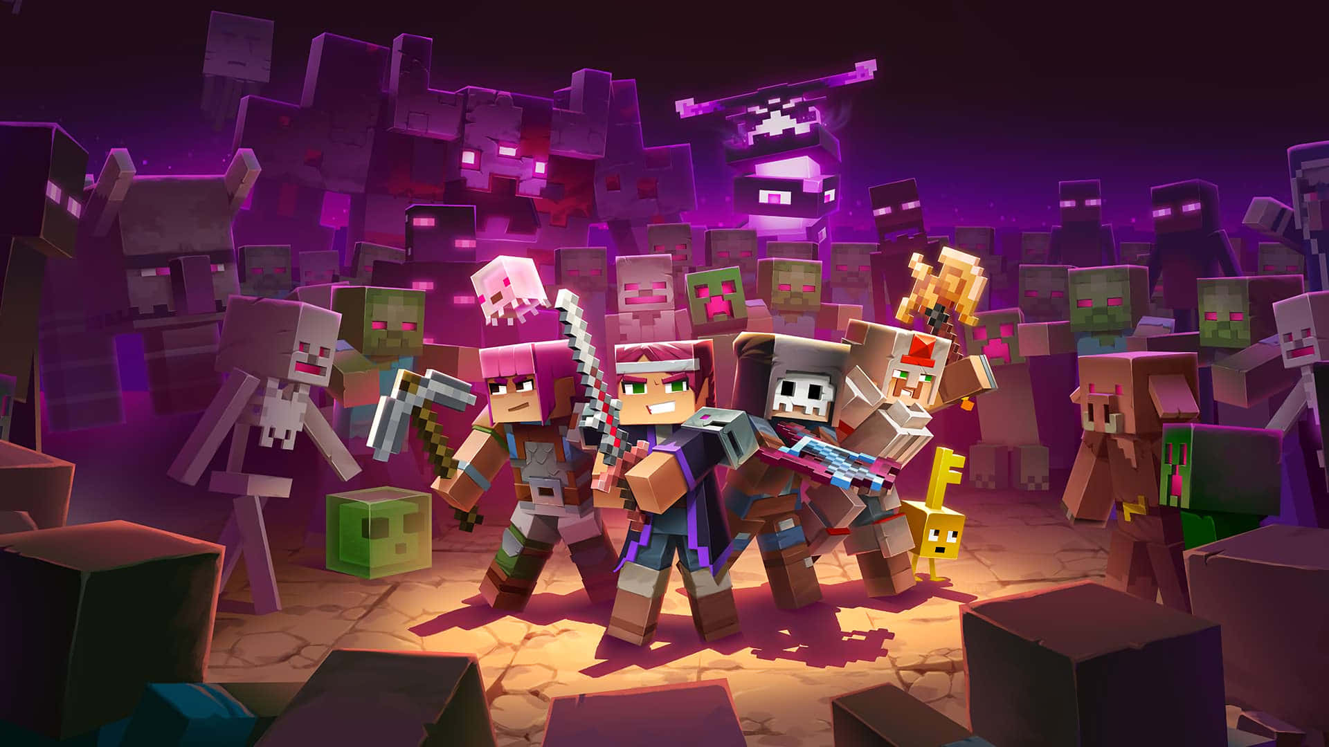 Minecraft, Warrior, glowing purple zombies, Full HD Desktop Wallpaper