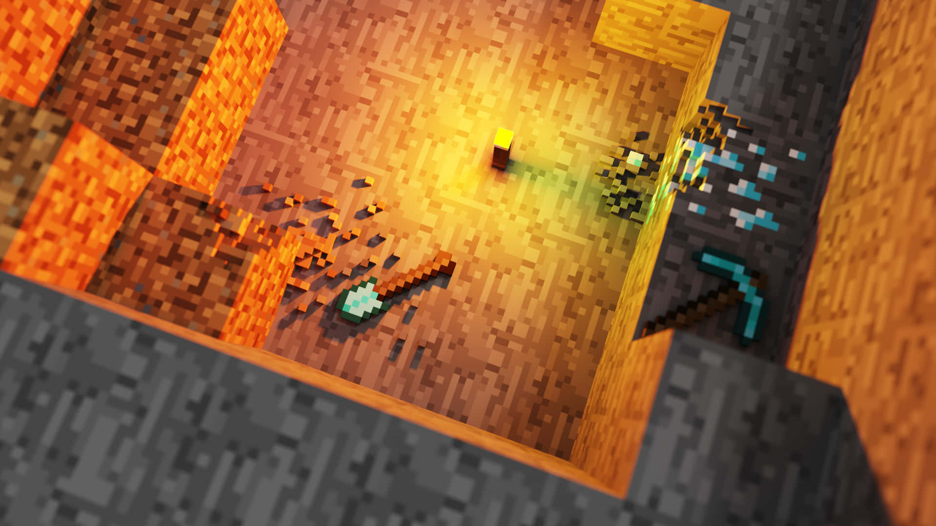 Minecraft, torch-lit wooden floor, lava, Full HD Desktop Wallpaper