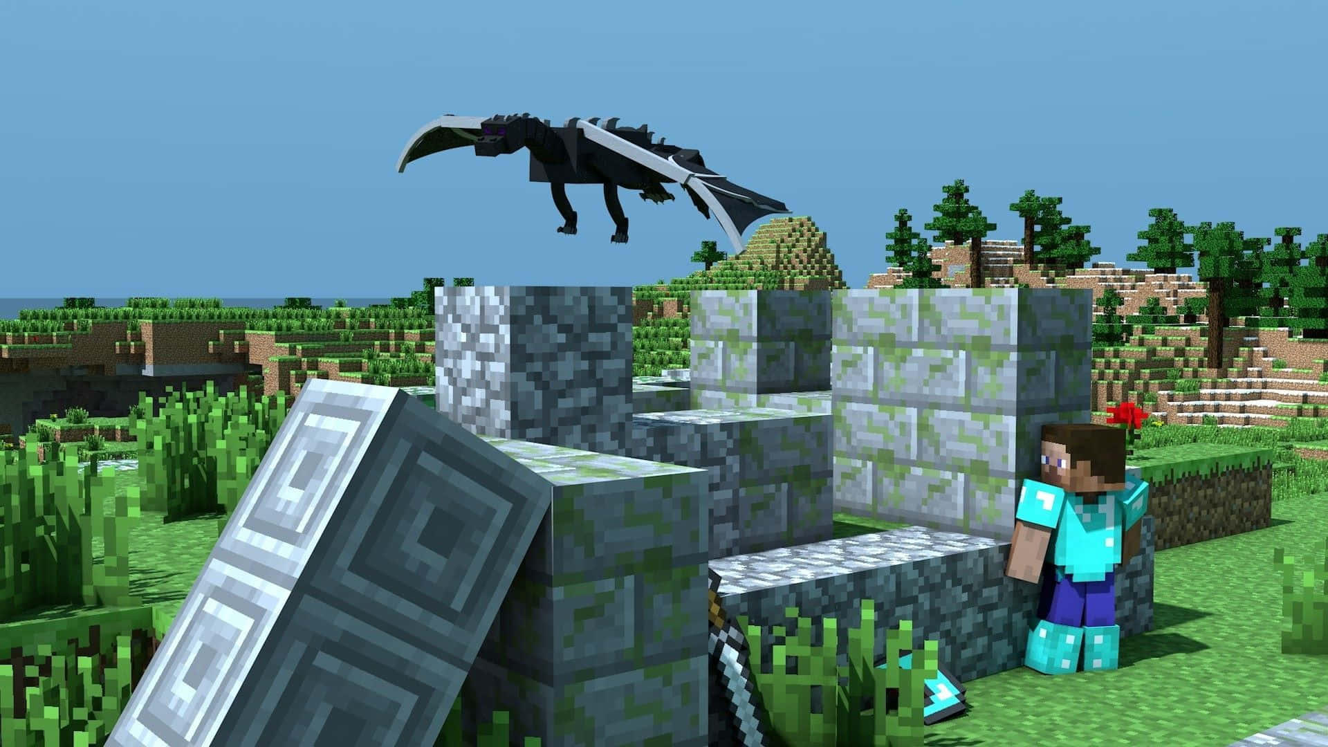 Minecraft, Minecraft player, stone ruins, Full HD Desktop Wallpaper