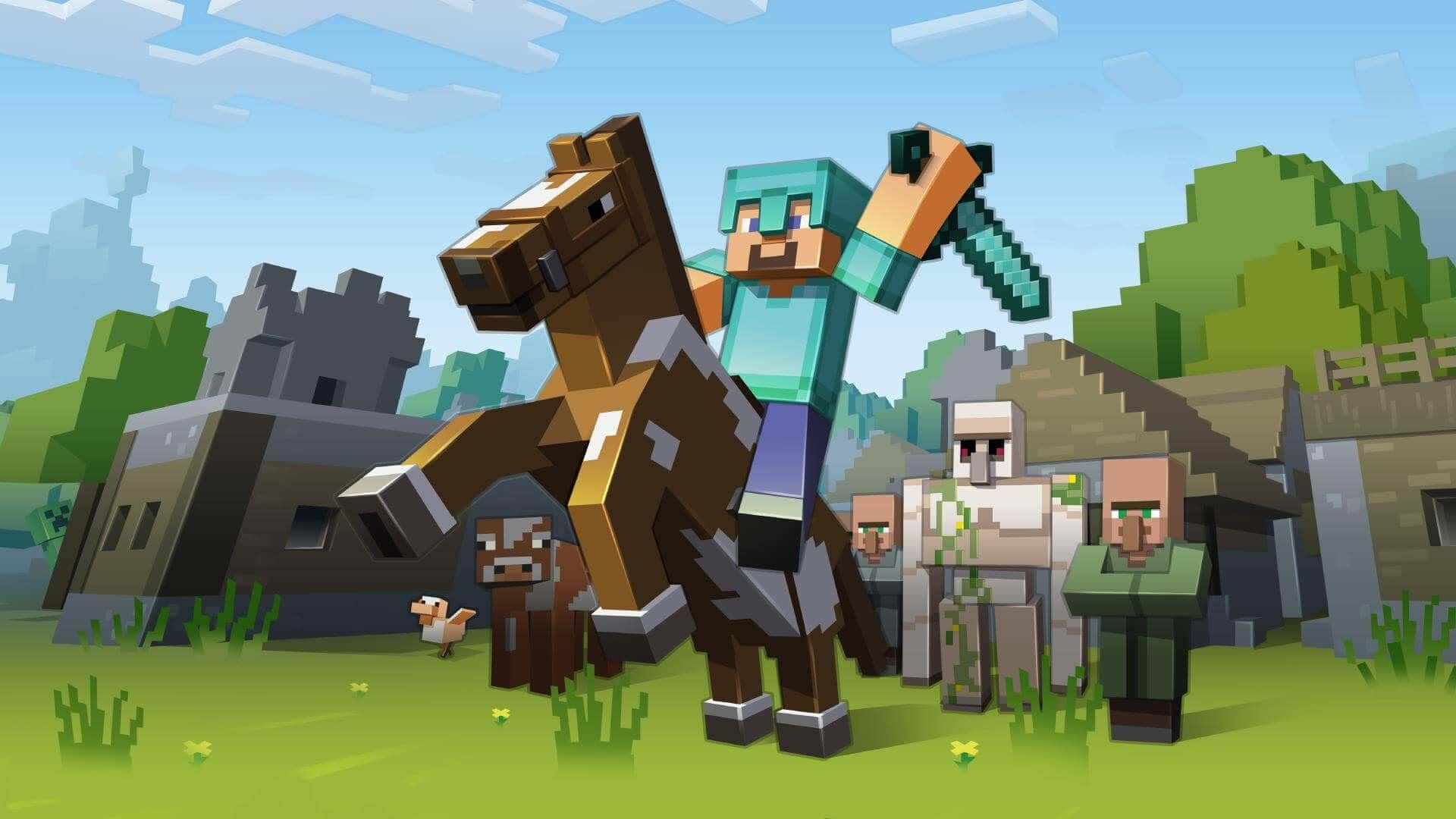 Minecraft, horse, blocky grassy landscape, Full HD Desktop Wallpaper