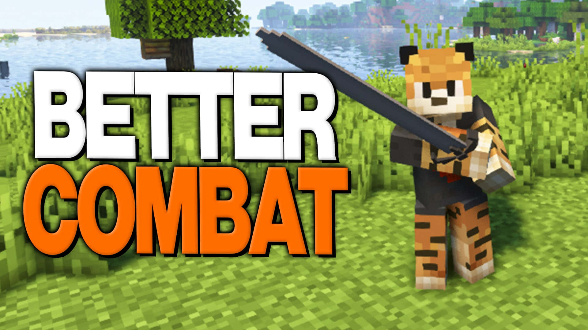 Minecraft, pixelated tiger character, sword, Full HD Desktop Wallpaper