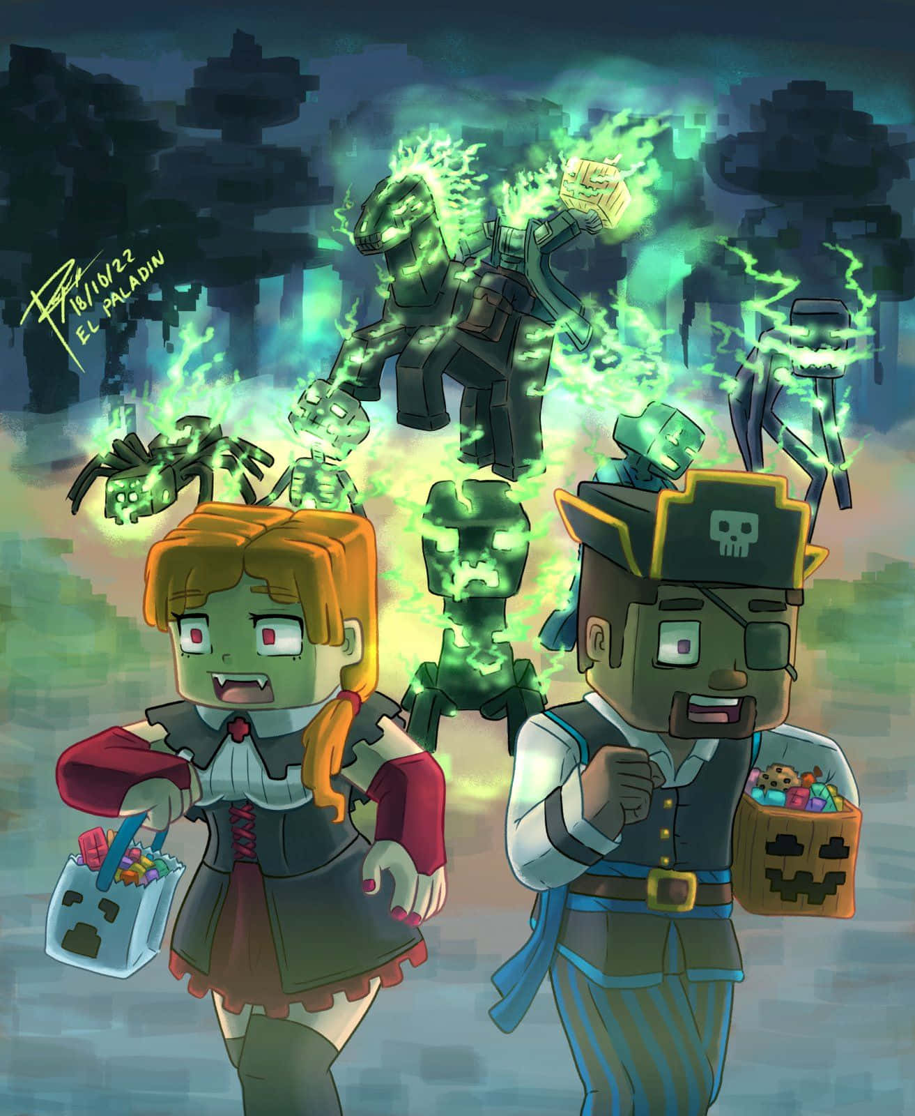 Minecraft, Halloween costumes, glowing green zombie mobs, HD Phone Wallpaper