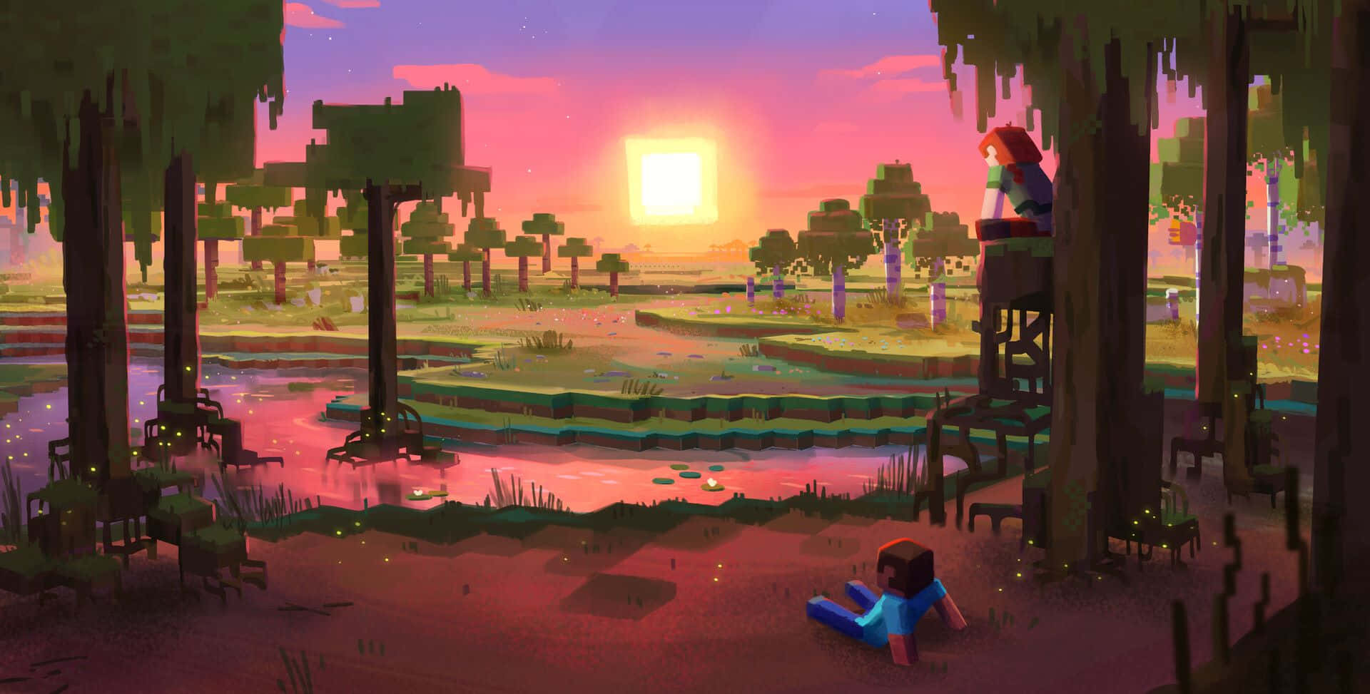 Minecraft, Minecraft characters, pixelated swamp, Full HD Desktop Wallpaper