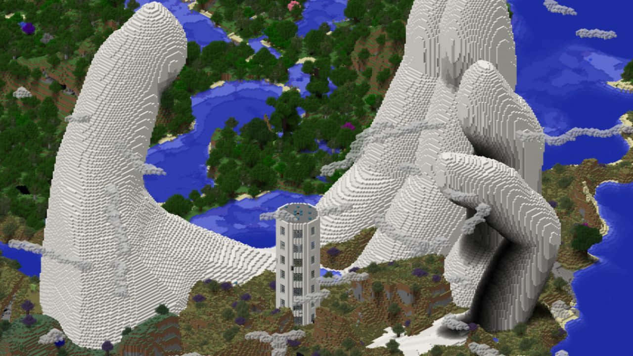 Minecraft, pixelated hand, blocky landscape, HD Desktop Wallpaper