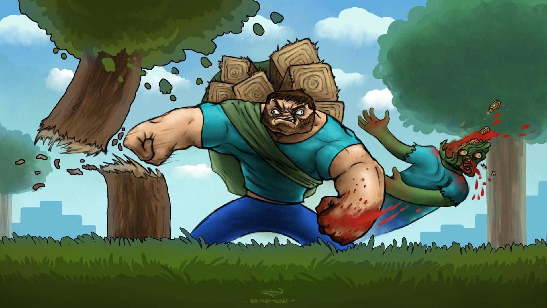 Minecraft-inspired digital landscape artwork, muscular man in a blue shirt, zombie, Full HD Desktop Wallpaper