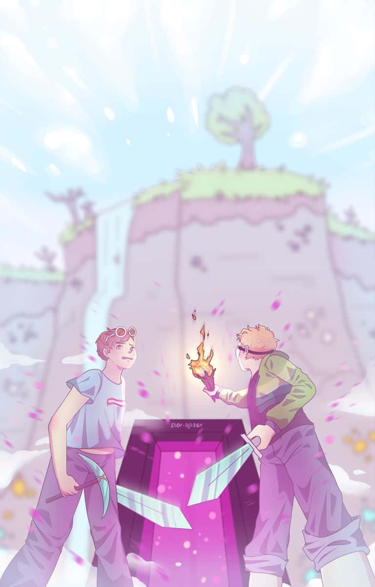 Minecraft Art, glowing purple portal, dreamy pastel landscape, SD Phone Wallpaper