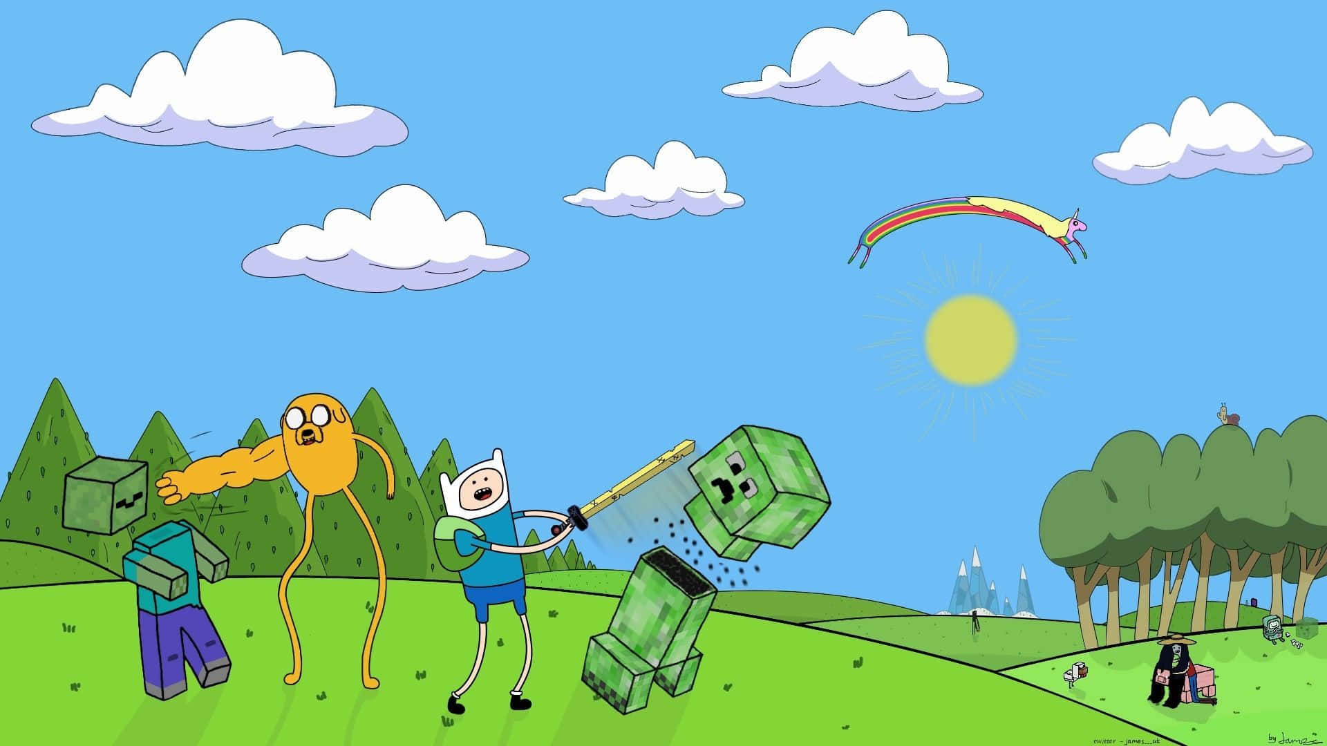Minecraft, blocky monsters, sunny sky, Full HD Desktop Wallpaper