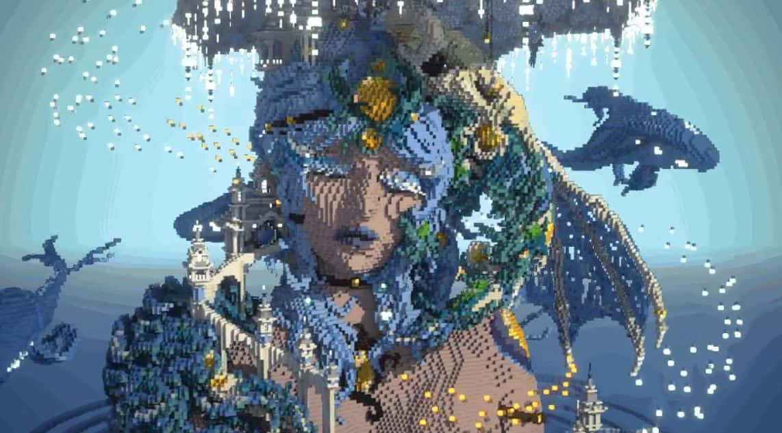 Minecraft Art, pixelated mermaid, blue hair, SD Desktop Wallpaper