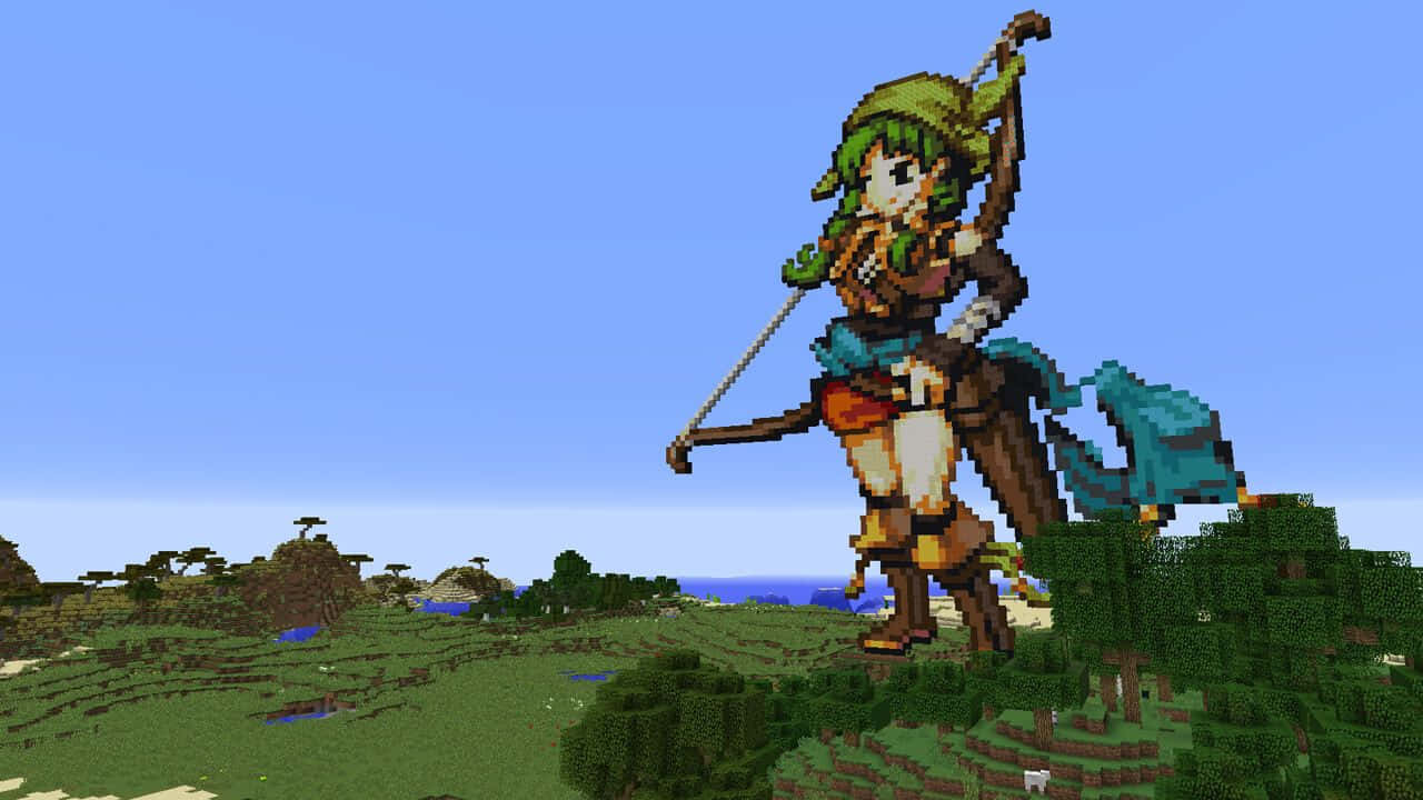 Minecraft, pixelated archer, grassy hill, HD Desktop Wallpaper