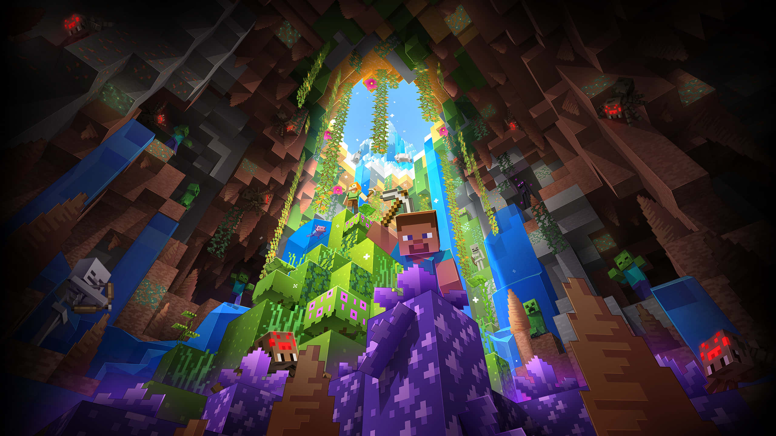 Minecraft, vibrant cave, sunlit jungle, 2K Desktop Wallpaper