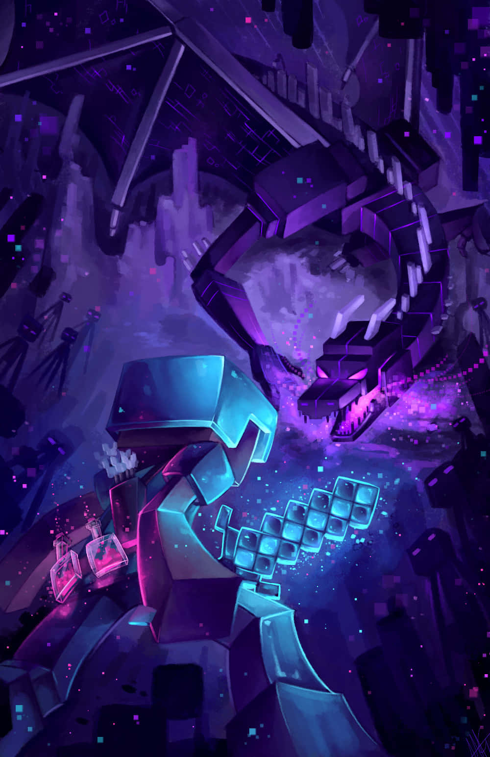 Minecraft, glowing cyan armored figure, massive purple mechanical dragon, HD Phone Wallpaper