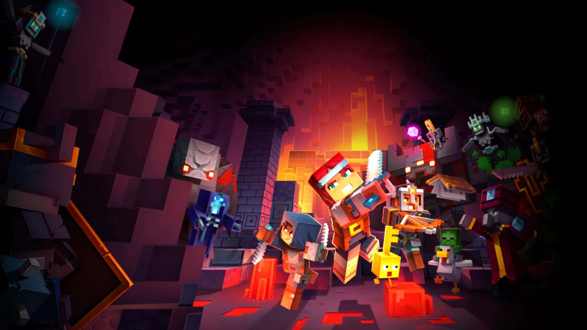 Minecraft, pixelated Minecraft characters, glowing mobs, Full HD Desktop Wallpaper