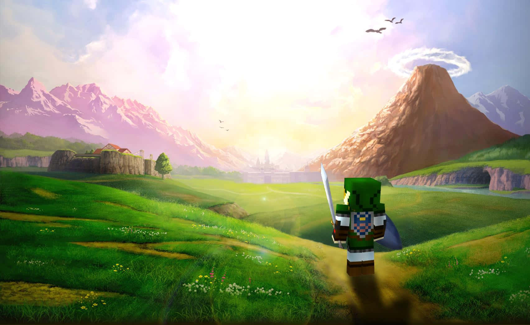 Minecraft, pixelated hero, sunlit grassy hill, HD Desktop Wallpaper