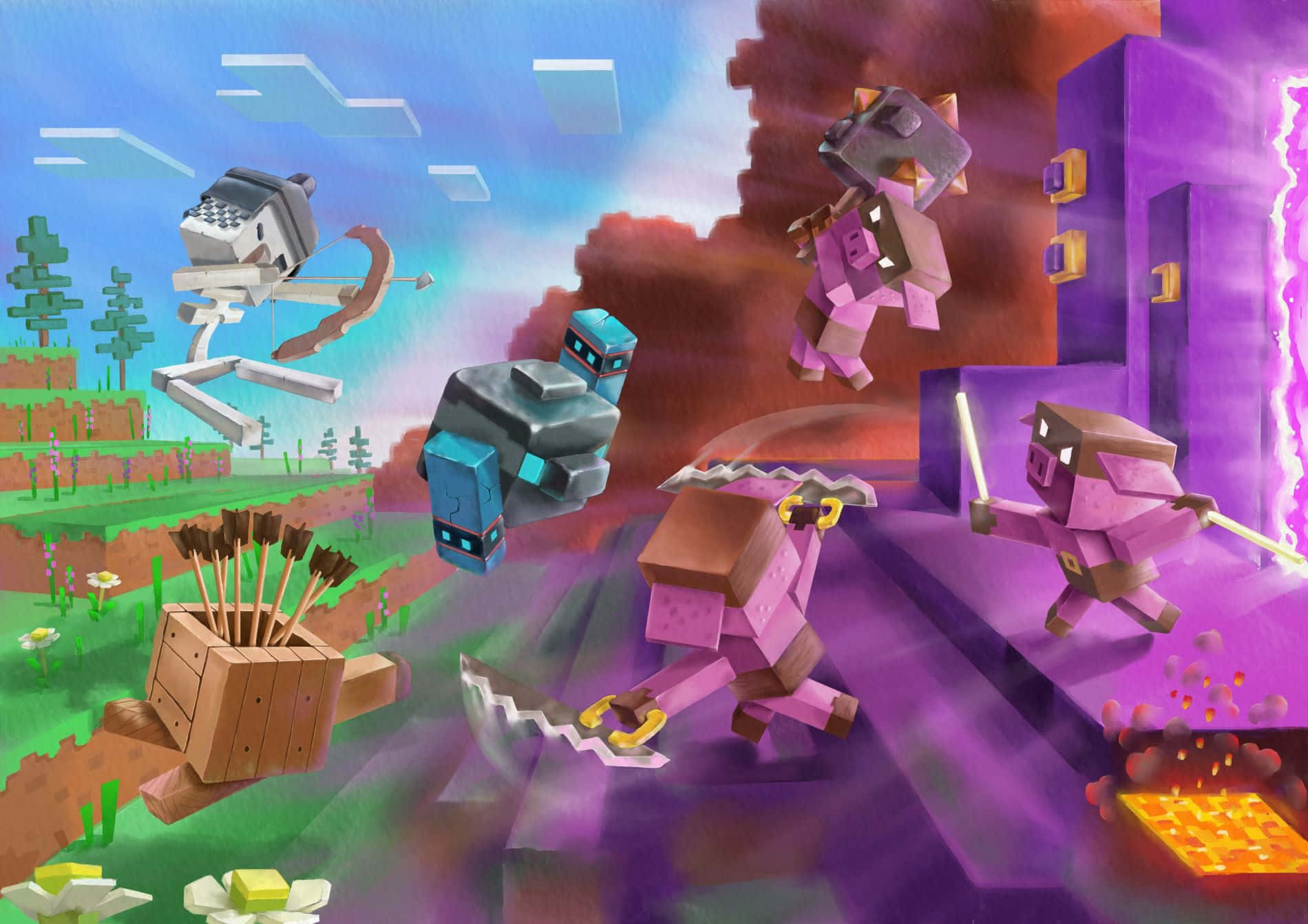 Minecraft, Minecraft mobs, vibrant fantasy landscape, HD Desktop Wallpaper