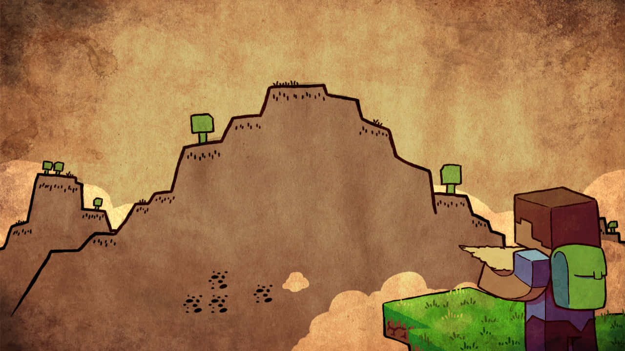 Minecraft, pixel-art Minecraft character, grassy cliff, HD Desktop Wallpaper