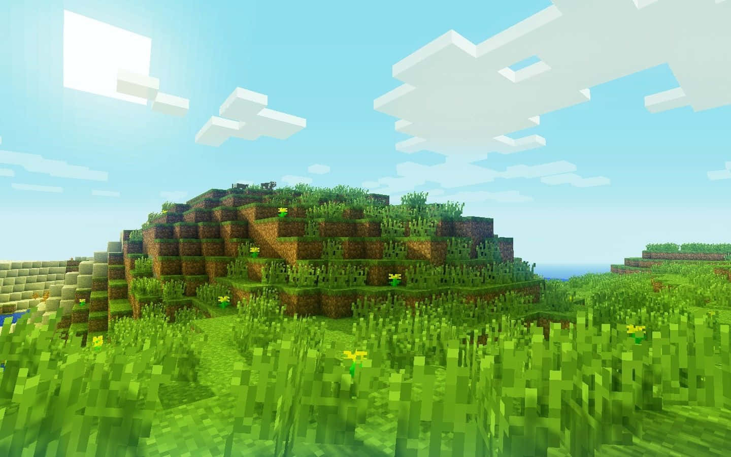 Minecraft, pixelated grassy hill, bright blue sky, HD Desktop Wallpaper