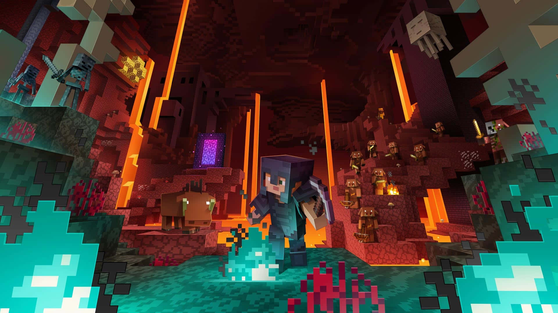 Minecraft, pixelated Minecraft player, fiery nether fortress, Full HD Desktop Wallpaper