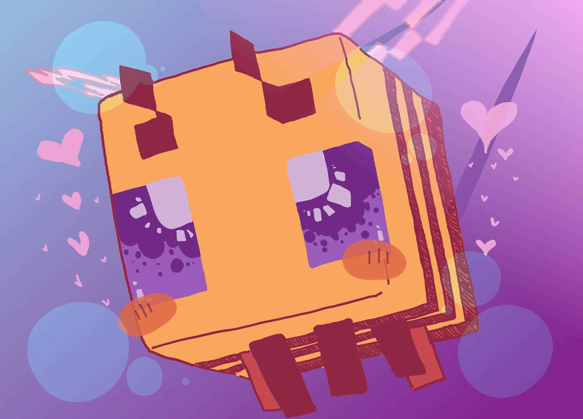 Minecraft Bee, orange blocky creature, purple eyes, Full HD Desktop Wallpaper
