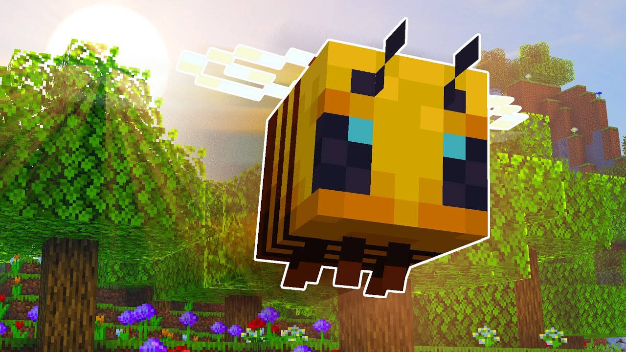 Minecraft Bee, pixelated bee, sunlit Minecraft forest, HD Desktop Wallpaper