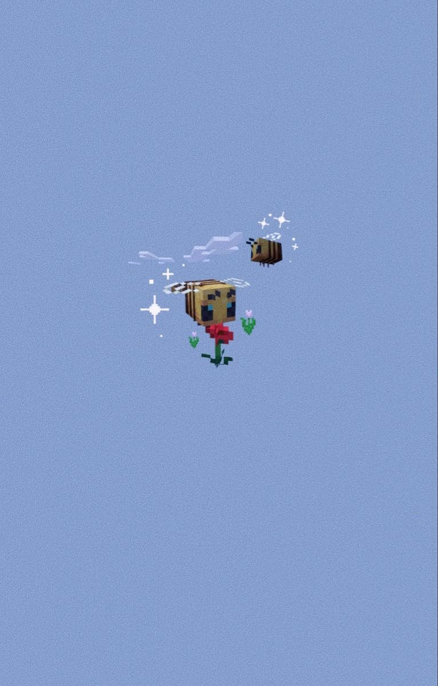 Minecraft Bee, pastel blue, glowing red flower, Full HD Phone Wallpaper