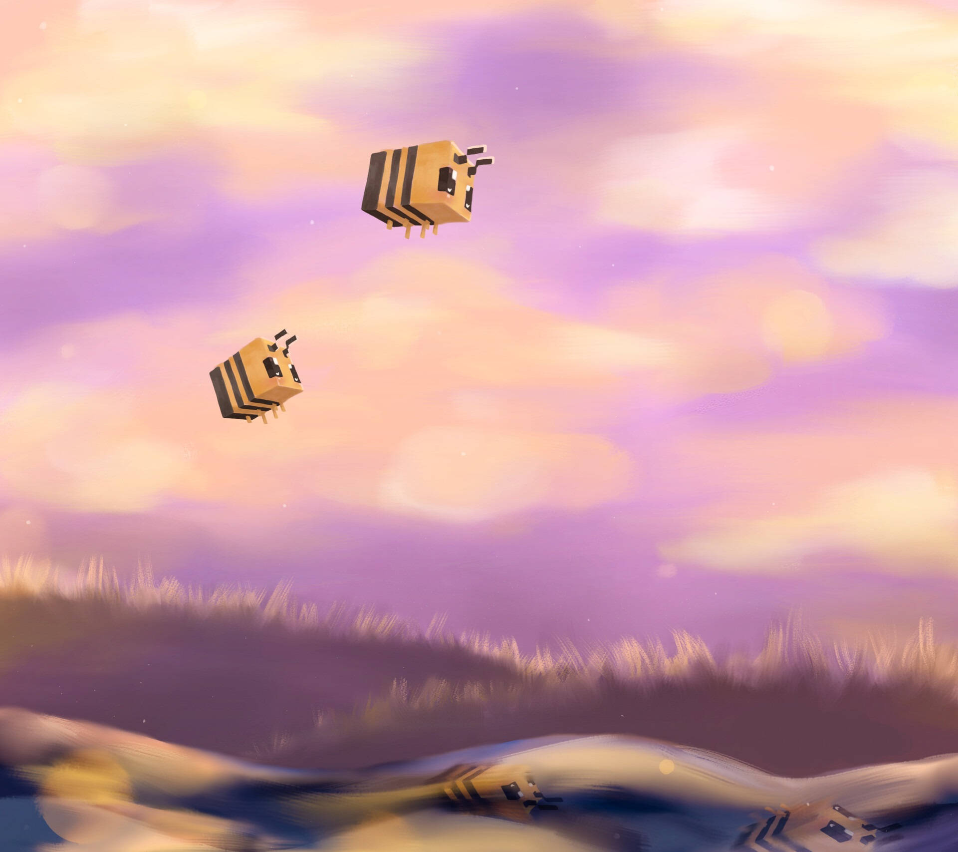 Minecraft Bee, pastel art, soft purple, Full HD Desktop Wallpaper
