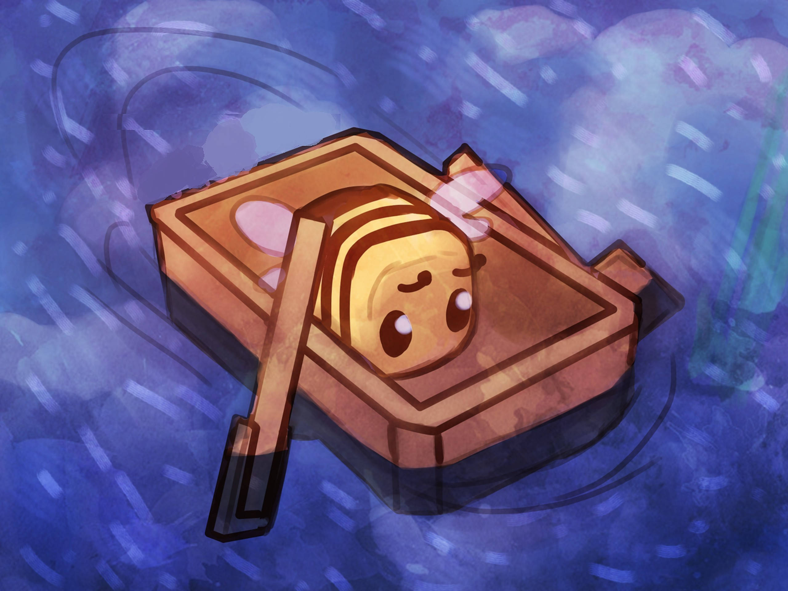 Minecraft Bee, wooden boat, swirling blue water surface, 2K Desktop Wallpaper