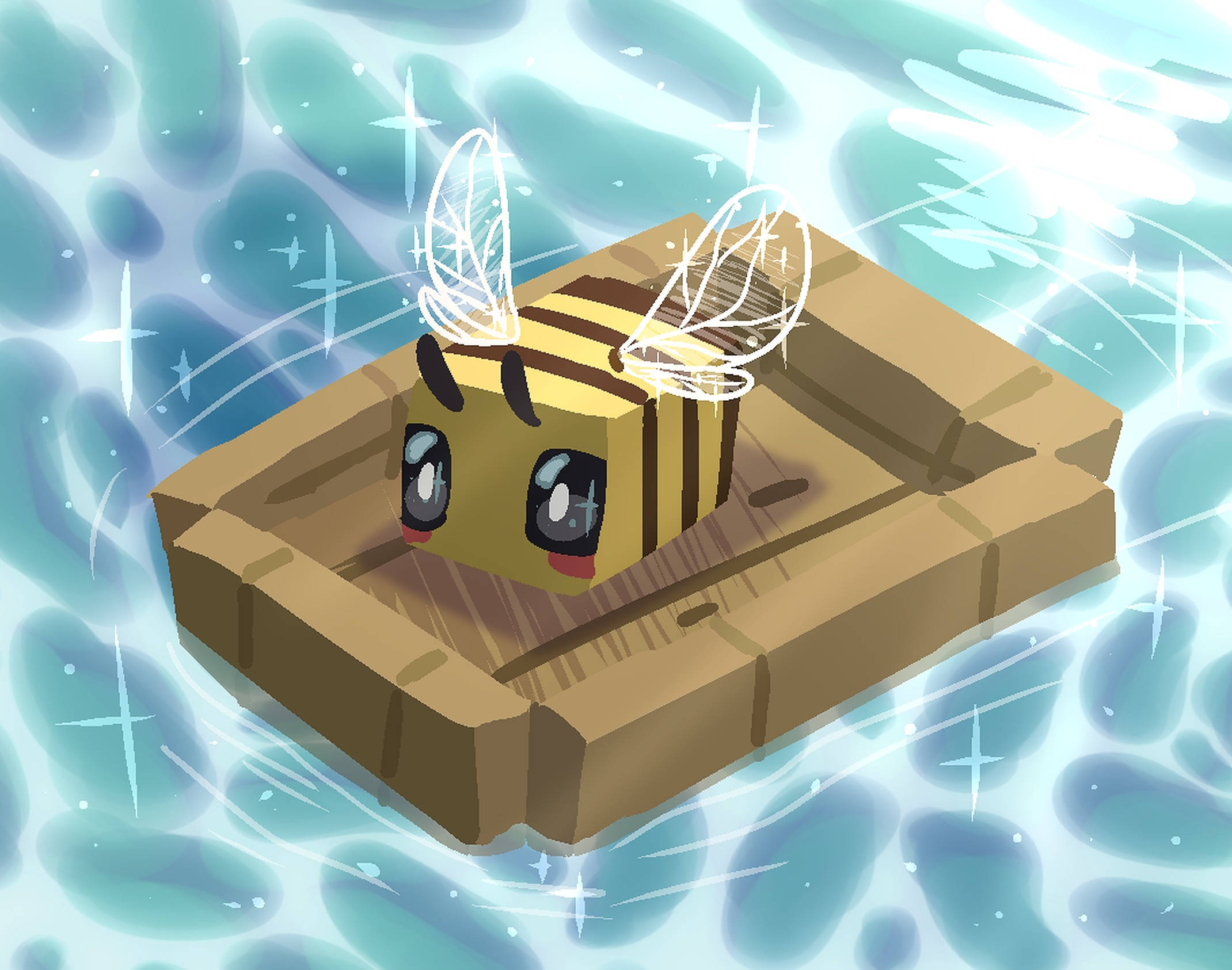 Minecraft Bee, glowing wings, cardboard box raft, Full HD Desktop Wallpaper