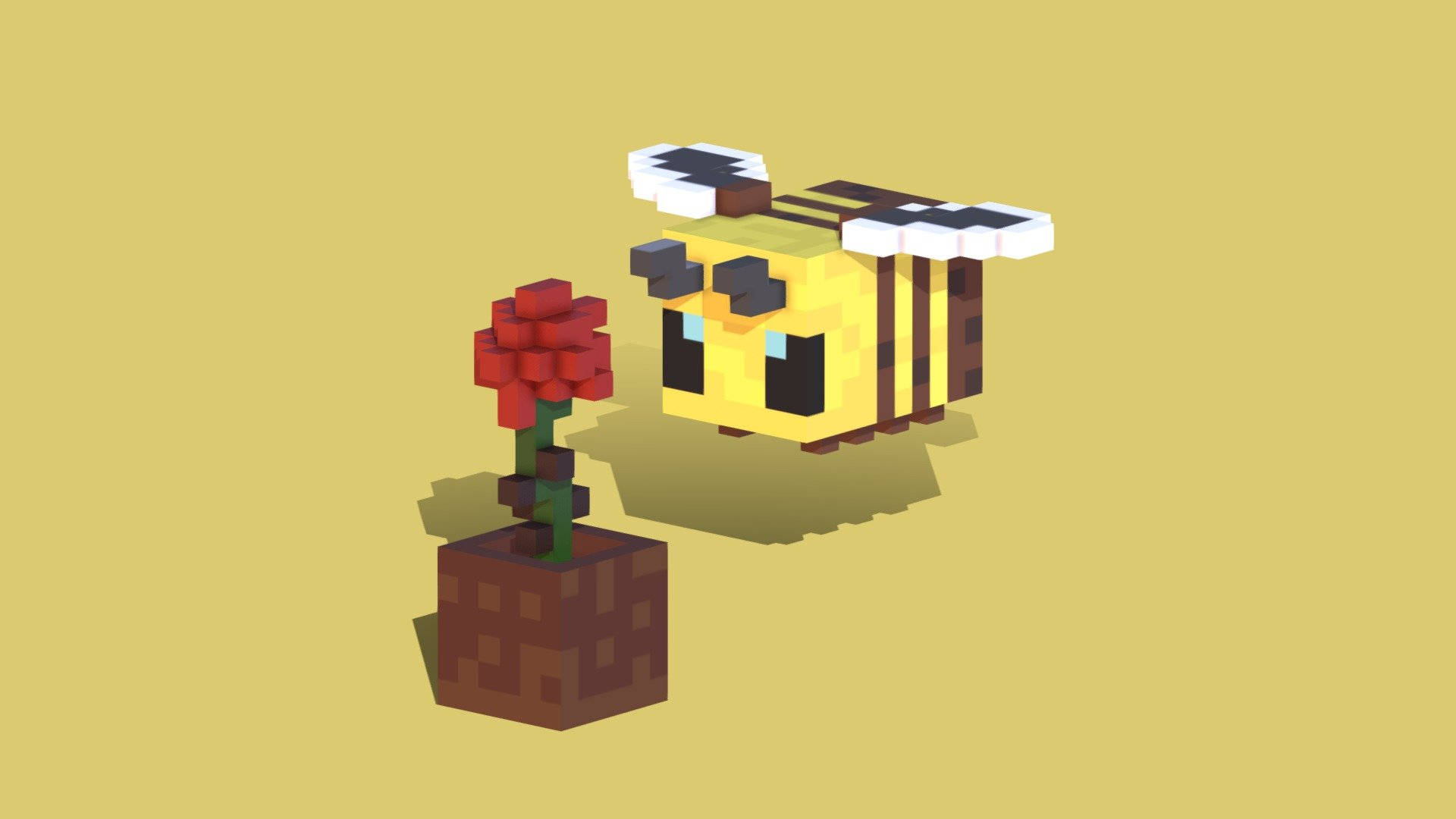 Minecraft Bee, red rose, brown block, Full HD Desktop Wallpaper