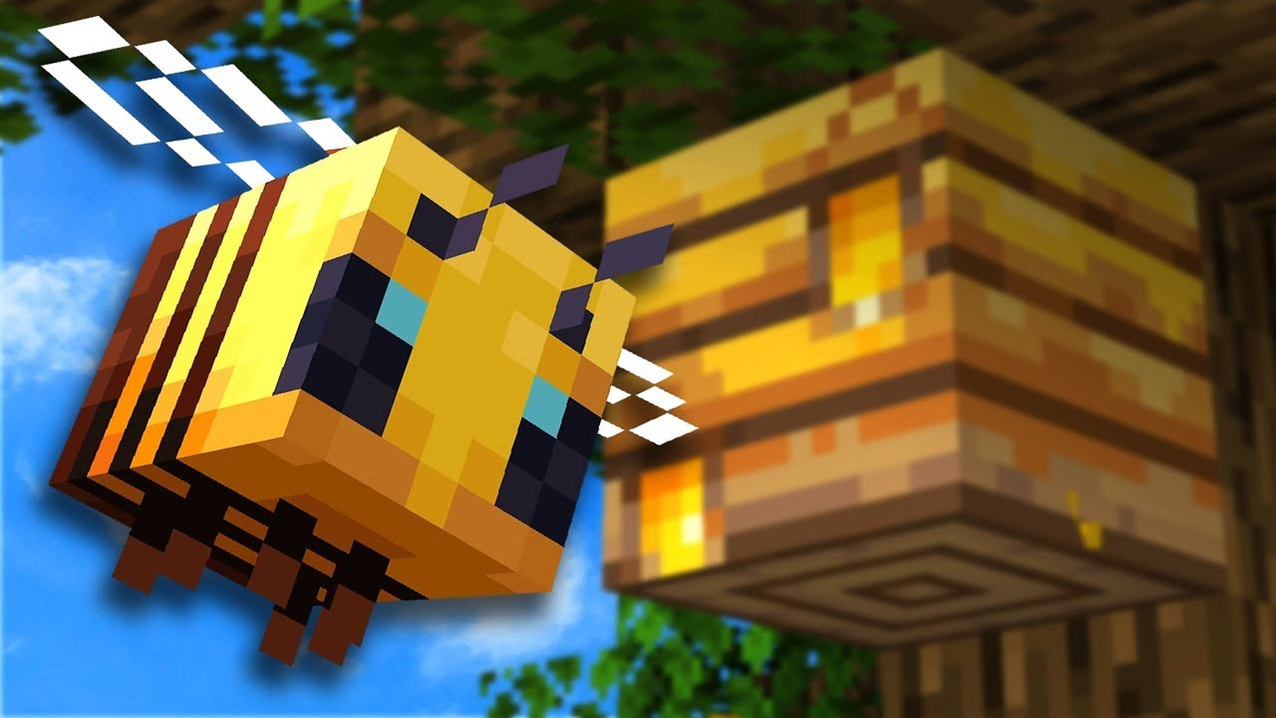 Minecraft bee, wooden beehive, bright blue sky, 2K Desktop Wallpaper