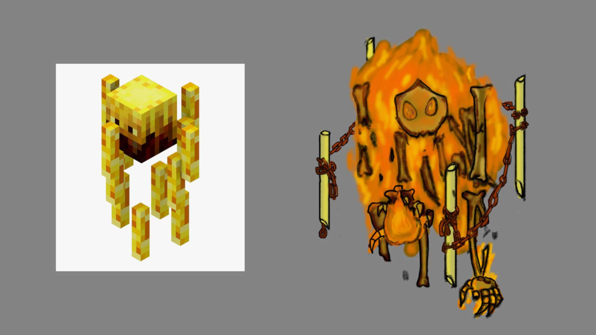 Minecraft Blaze, pixelated gold golem, fiery skeletal entity, Full HD Desktop Wallpaper