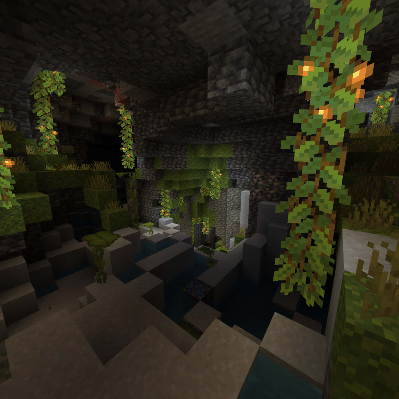 Minecraft, glowing vines, water pools, HD Desktop Wallpaper