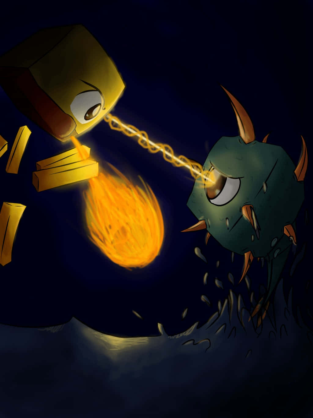 Minecraft Blaze, golden blocky creature, fiery chain, HD Phone Wallpaper