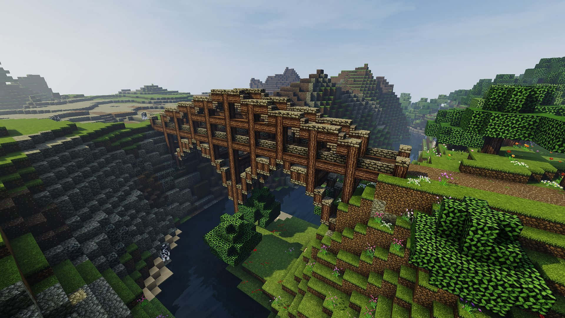 Minecraft Bridges, wooden bridge, deep canyon, Full HD Desktop Wallpaper